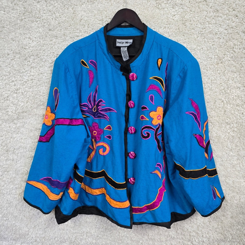 Indigo Moon Embroidered Jacket Womens 3X Blue Floral Shoulder Pads Boho Eclectic